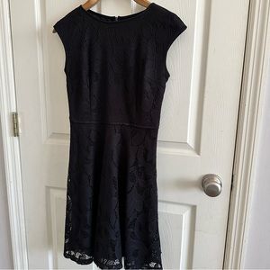 Wisp. Black cap sleeve lace knee length dress